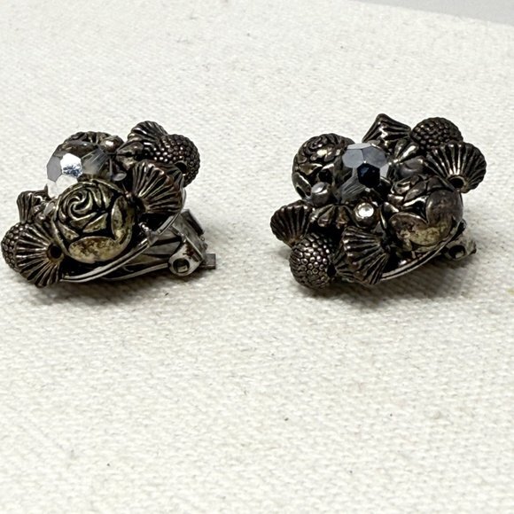 Vintage Bead Cluster‎ Earrings Silver Gray Clip-On Retro Dark Classic - Picture 4 of 8